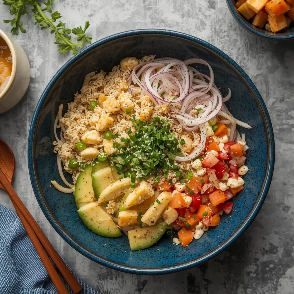 A fresh kani salad with imitation crab, shredded vegetables, and a creamy dressing.