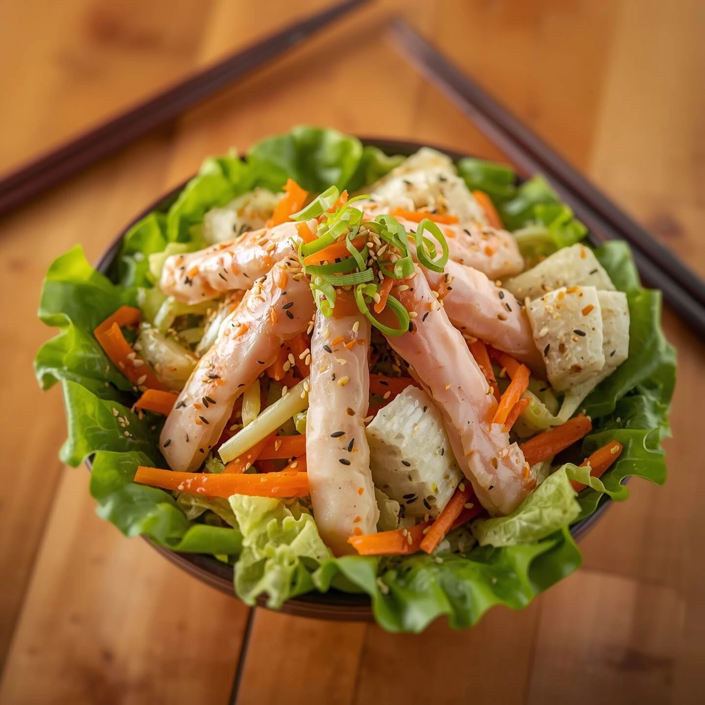 A fresh kani salad with imitation crab, shredded carrots, tofu, and lettuce, topped with sesame seeds and green onions.