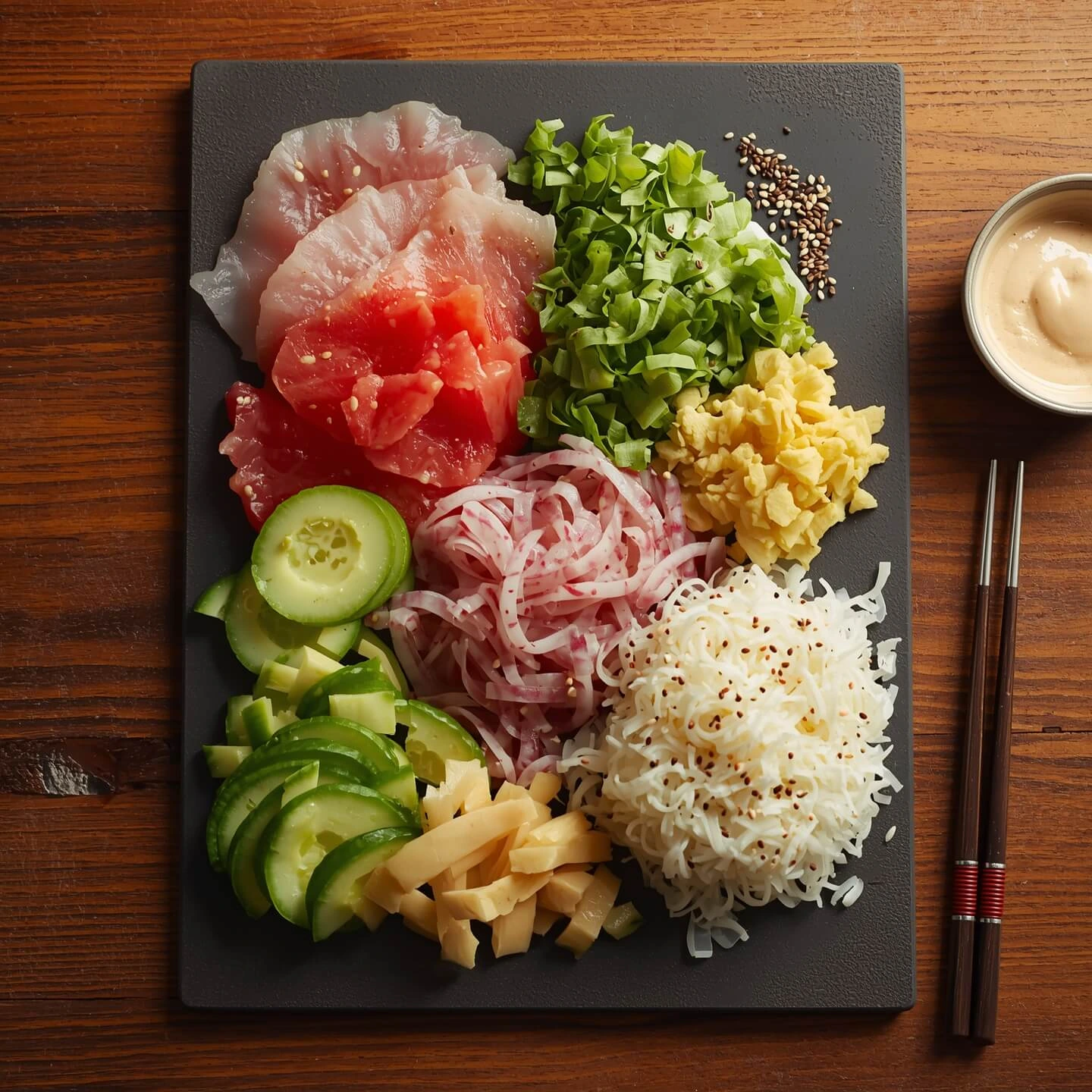 A vibrant sashimi platter with slices of raw fish, cucumber, onions, ginger, lettuce, rice, bamboo shoots, and sesame seeds, served with a side of dipping sauce and chopsticks.