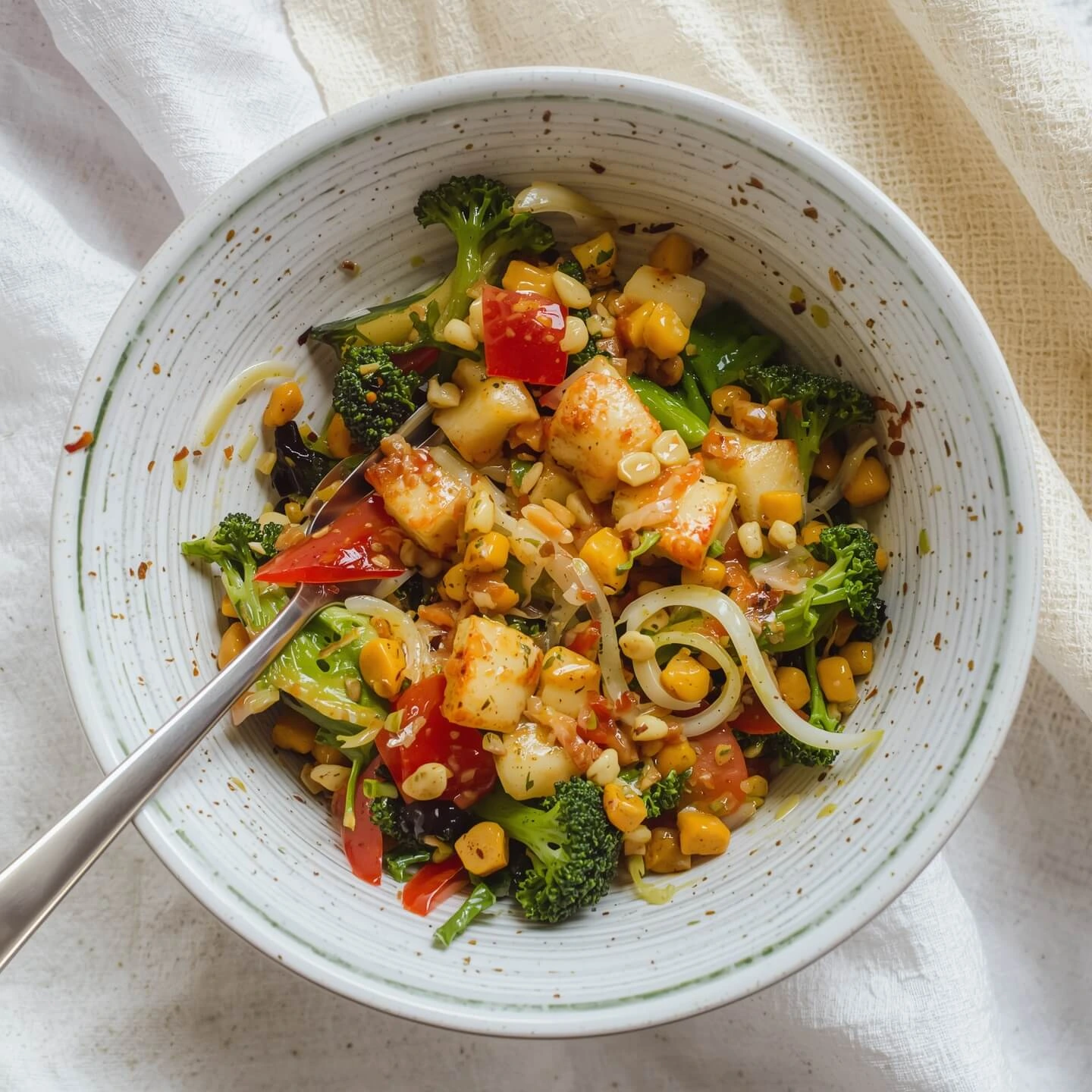 A fresh vegetable salad with broccoli, corn, tomatoes, and noodles, garnished with herbs and served in a white bowl with a fork.