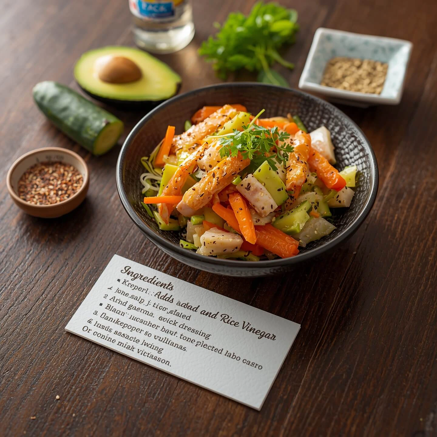 A fresh salad with shrimp, carrots, cucumber, and cabbage, topped with herbs and served with a recipe card for ingredients and a side of avocado.