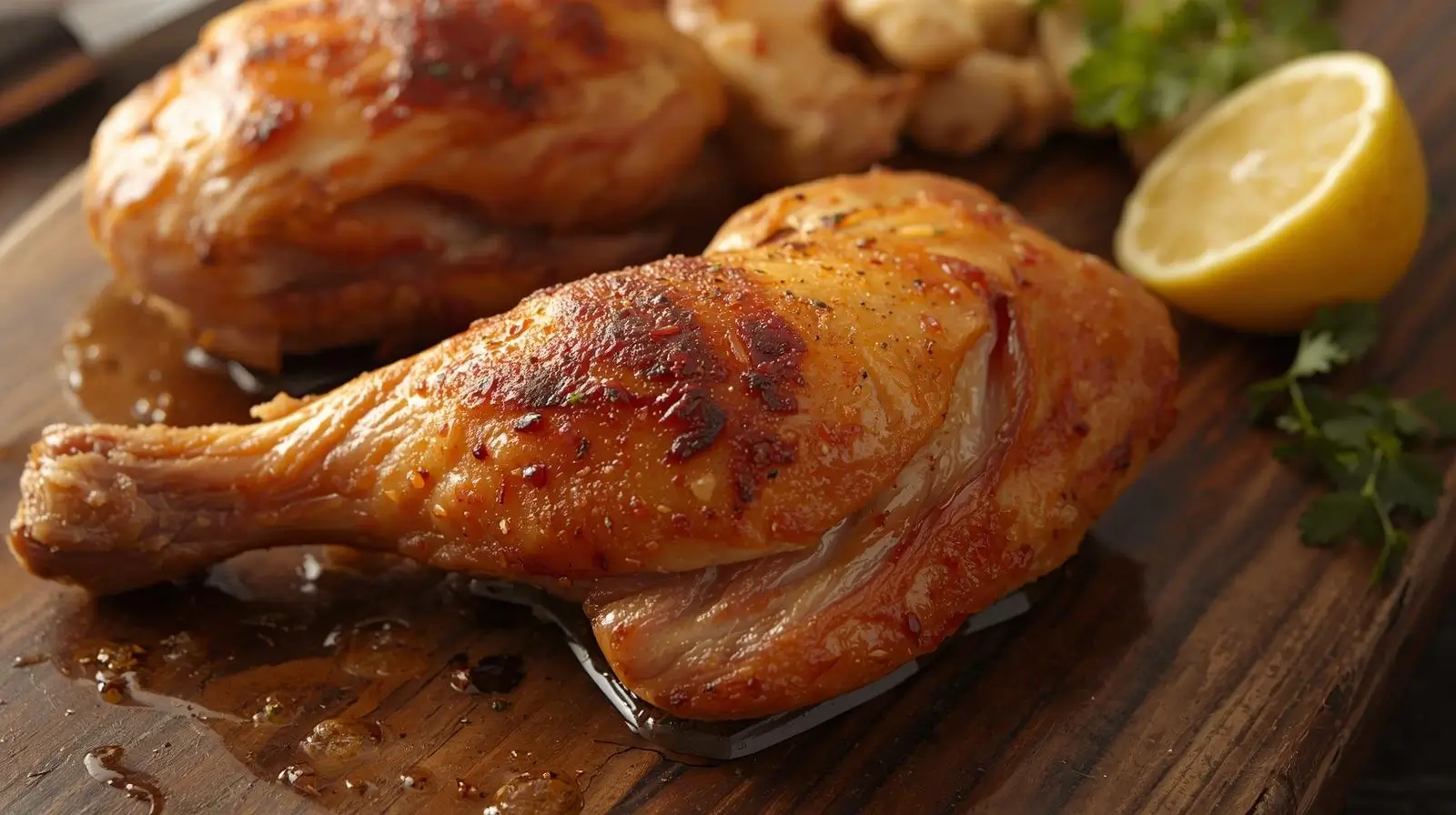 Baked chicken hindquarters on a rack in the oven