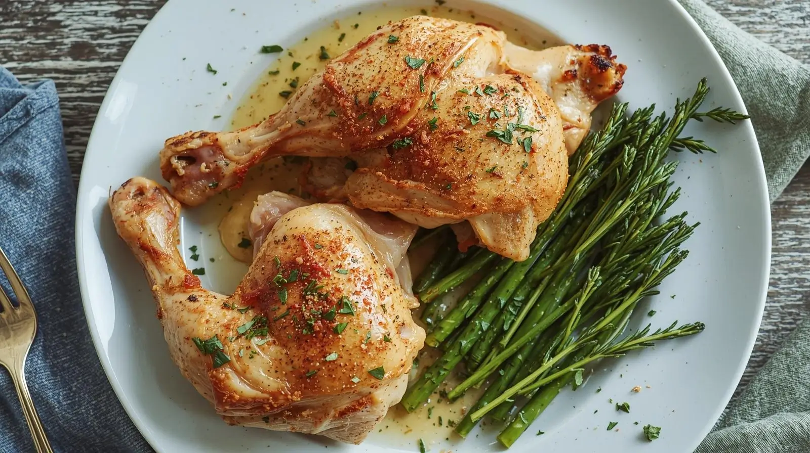 Simple oven-baked chicken hindquarters with olive oil and fresh herbs