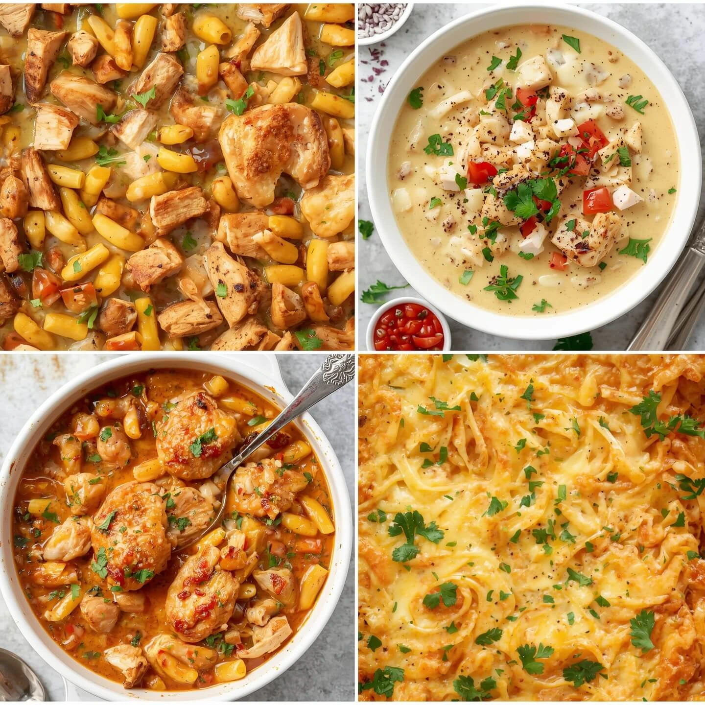 Rotisserie chicken casserole topped with melted cheese