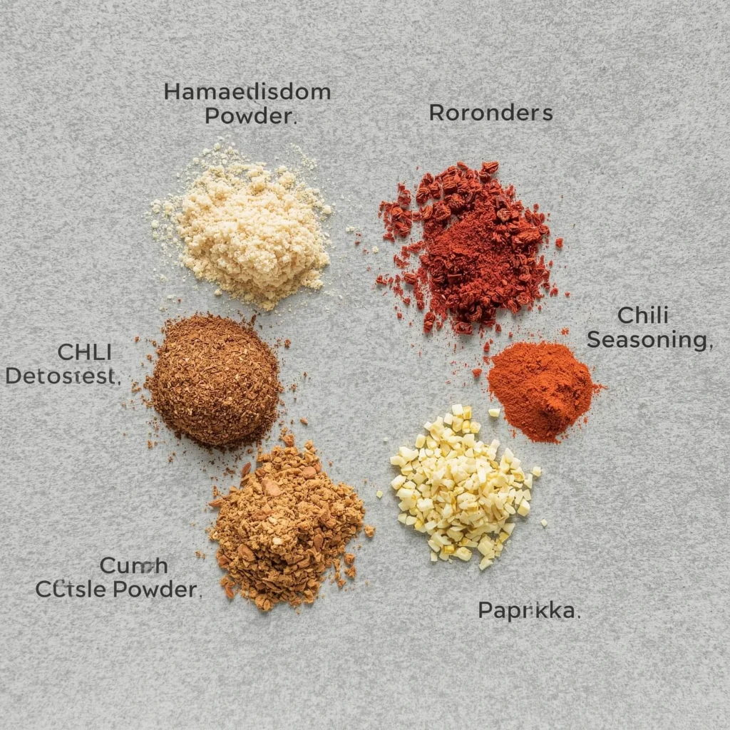 Homemade Chili Seasoning Recipe ingredients including chili powder, cumin, paprika, and garlic powder in a bowl.