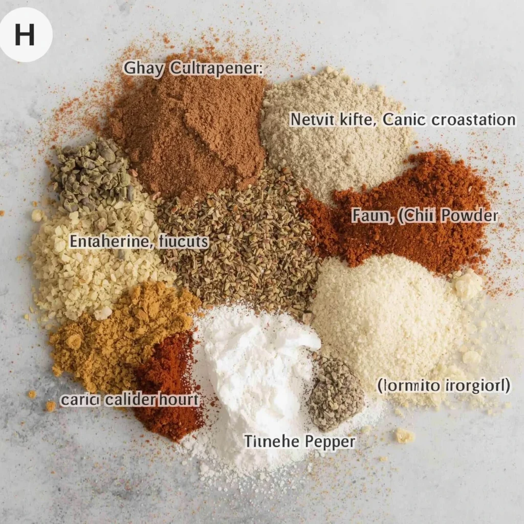 Various spices including chili powder, turmeric, pepper, and other seasonings arranged on a surface for homemade chili seasoning.