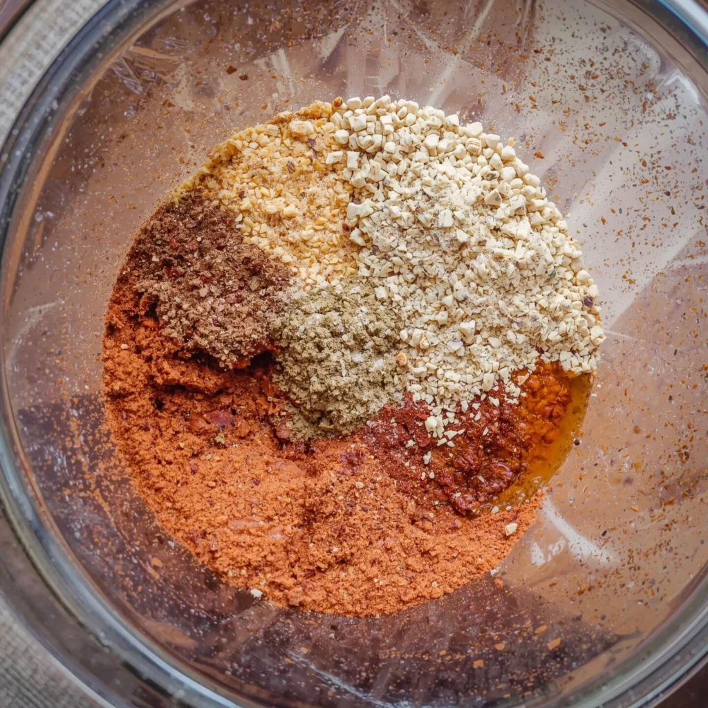 A close-up view of chili seasoning spices, including red chili flakes, paprika, garlic powder, and other spices, mixed in a glass bowl.