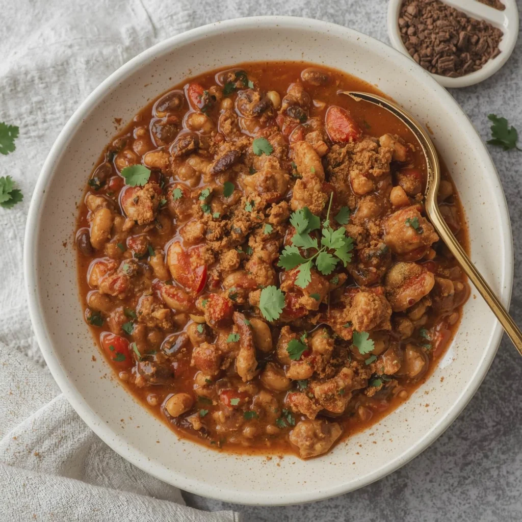 A bowl of hearty chili with beans, ground meat, tomatoes, and fresh cilantro on top.