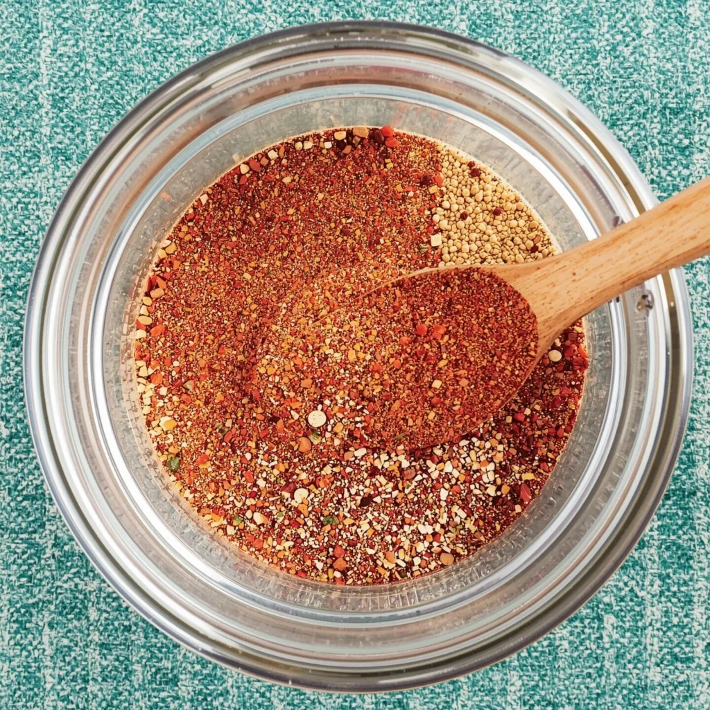 A close-up view of chili seasoning in a glass jar, with a wooden spoon stirring the vibrant, red mixture of spices.