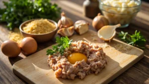 Fresh ground chicken with an egg, breadcrumbs, and herbs on a wooden cutting board.