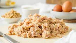 Fresh ground chicken on a cutting board with ingredients like eggs and breadcrumbs in the background.