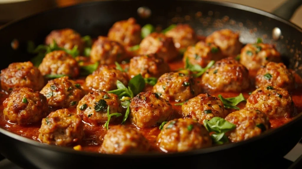 Delicious ground chicken meatballs simmering in tomato sauce with fresh basil garnish.