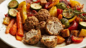 Ground chicken meatballs served with roasted vegetables on a plate.