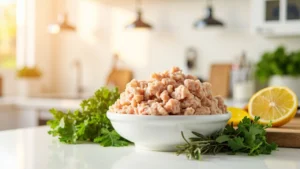 Fresh ground chicken in a bowl with herbs and lemon on a kitchen counter.