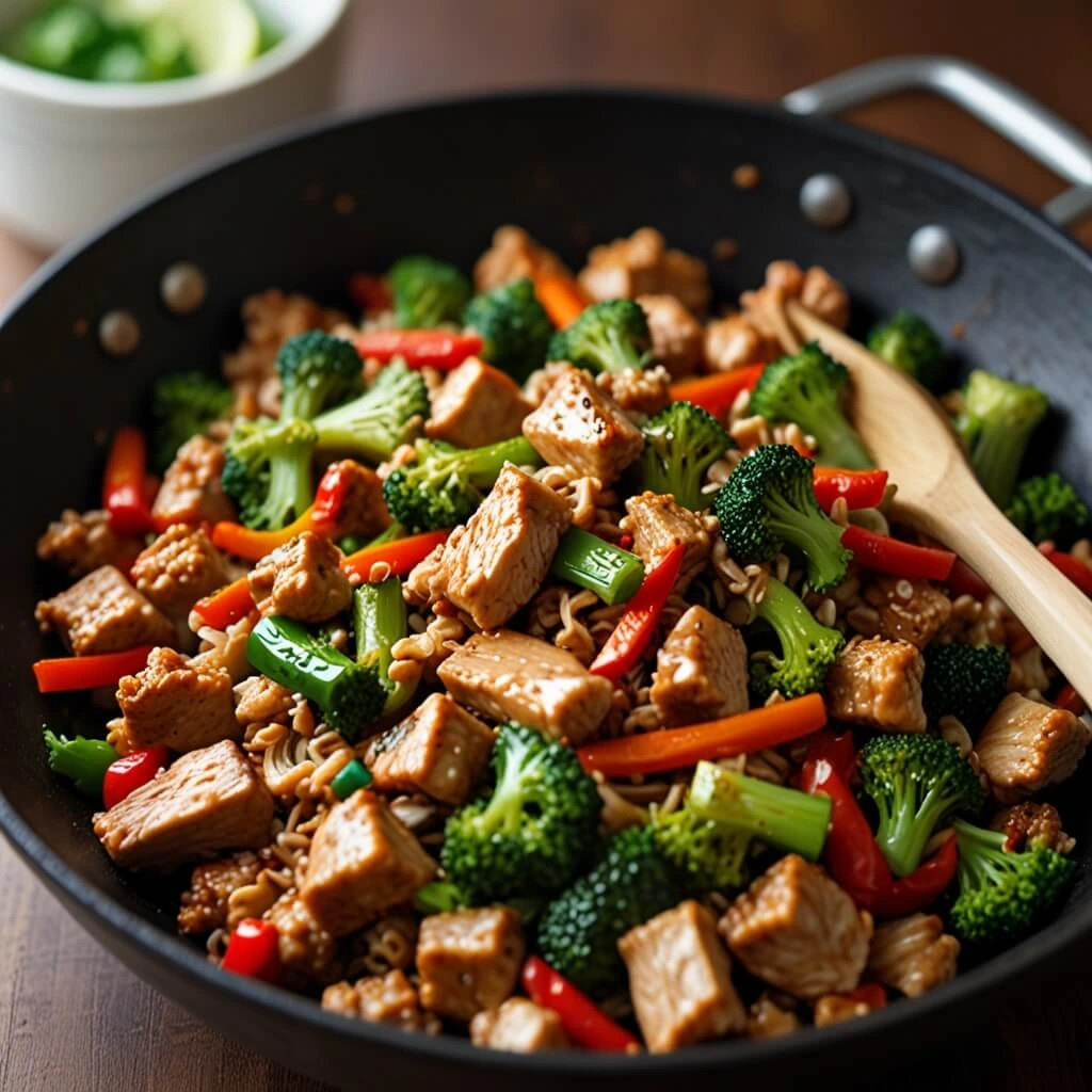 Ground chicken stir fry with broccoli, red bell peppers, and carrots in a wok.