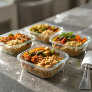 "Healthy meal prep containers with ground chicken and roasted vegetables including zucchini, peppers, and tomatoes on a kitchen countertop."
