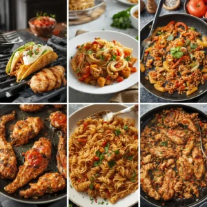 "Collage of delicious ground chicken dishes including tacos, pasta, stir fry, and grilled chicken, showcasing a variety of meals."