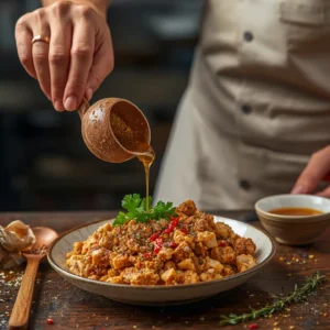 Chef pouring sauce over a plate of ground chicken garnished with herbs and red chili, ready to be served.
