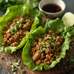 Ground chicken wrapped in fresh lettuce leaves, topped with green onions and sesame seeds, served with a side of dipping sauce.