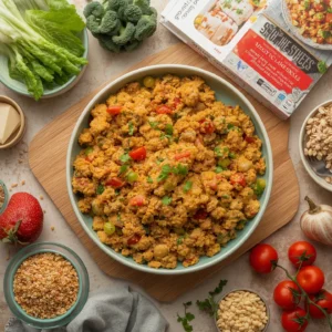 Ground chicken stir fry with vegetables like tomatoes, olives, and herbs in a vibrant bowl surrounded by fresh ingredients.
