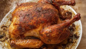 Whole roasted chicken with crispy, seasoned skin in a roasting platter, surrounded by pan drippings.