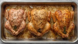 Three whole chickens in a baking pan, seasoned with herbs and spices, with dark roasting juices around them.