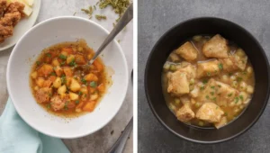 A bowl of tender chicken pieces with a rich gravy and herbs, showcasing a savory sauce.