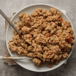 Ground chicken mixture with chopped vegetables like tomatoes and onions, served in a large bowl with serving utensils.