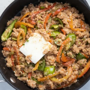 Ground chicken stir fry with colorful bell peppers and a block of tofu in a pan, cooked with sesame seeds and green onions.