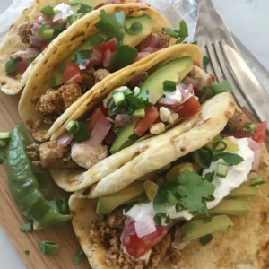 Healthy ground chicken tacos with avocado, tomatoes, onions, cilantro, and sour cream in soft tortillas, garnished with green onions.