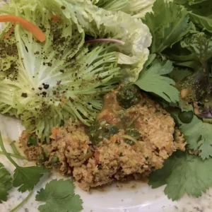 Ground chicken served with fresh lettuce, herbs, and a drizzle of sauce, garnished with colorful vegetables.
