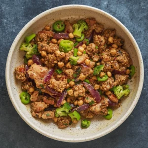 A bowl of ground chicken stir fry with chickpeas, broccoli, green peppers, onions, and herbs.