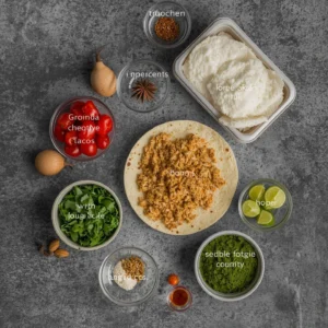 Ingredients for ground chicken tacos arranged on a gray countertop, including chicken, tomatoes, greens, spices, lime, and tortillas.