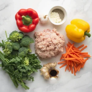 Fresh ingredients for ground chicken stir fry, including red bell pepper, yellow bell pepper, broccoli, carrots, cilantro, garlic, ginger, ground chicken, soy sauce, and black pepper.