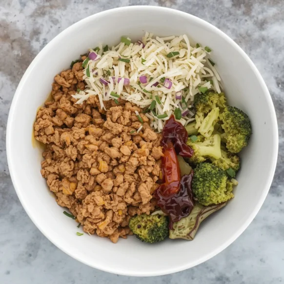 Ground chicken recipes with roasted broccoli, shredded cheese, and a drizzle of sauce in a white bowl.