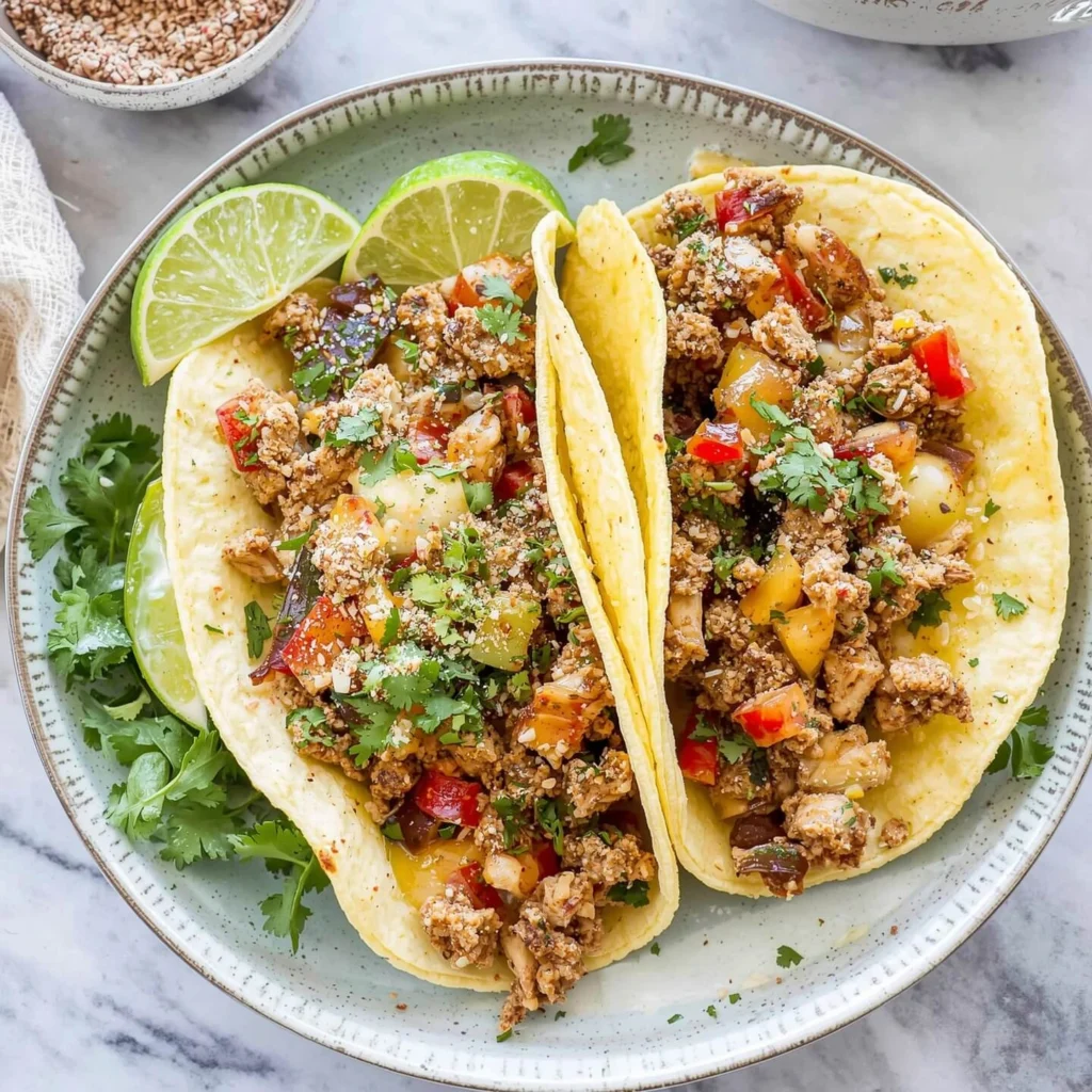 Two delicious ground chicken tacos topped with cilantro, lime, and colorful vegetables on a plate.
