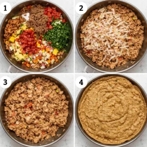 Step-by-step images showing the preparation of ground chicken tacos, from adding vegetables and spices to cooking the chicken mixture.