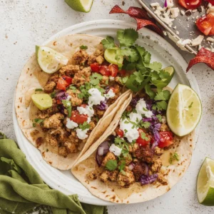 Ground chicken tacos with cilantro, tomatoes, purple cabbage, lime wedges, and sour cream on flour tortillas, garnished with fresh herbs.