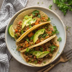 Ground chicken tacos topped with fresh tomatoes, cilantro, and avocado slices on a plate, with a lime wedge on the side.
