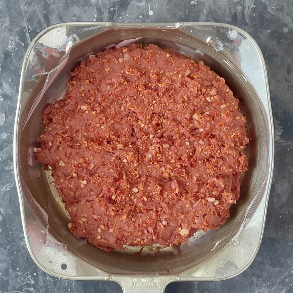 Freshly seasoned ground beef with chopped garlic, ready for hamburger patties