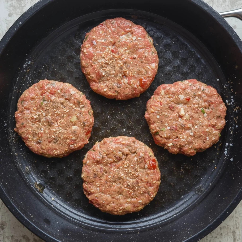 Seasoned hamburger patties ready for grilling or frying in a pan