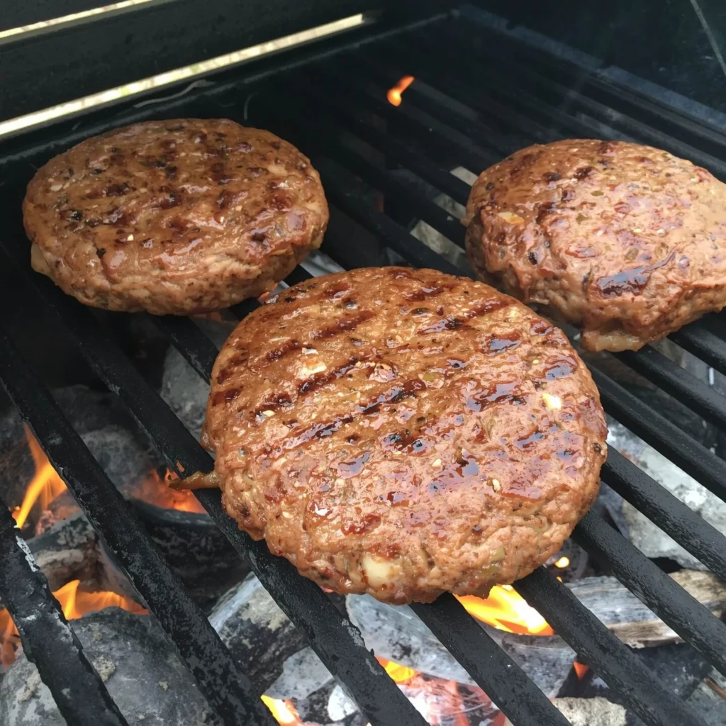 Grilled hamburger patties cooking over an open flame on a BBQ grill