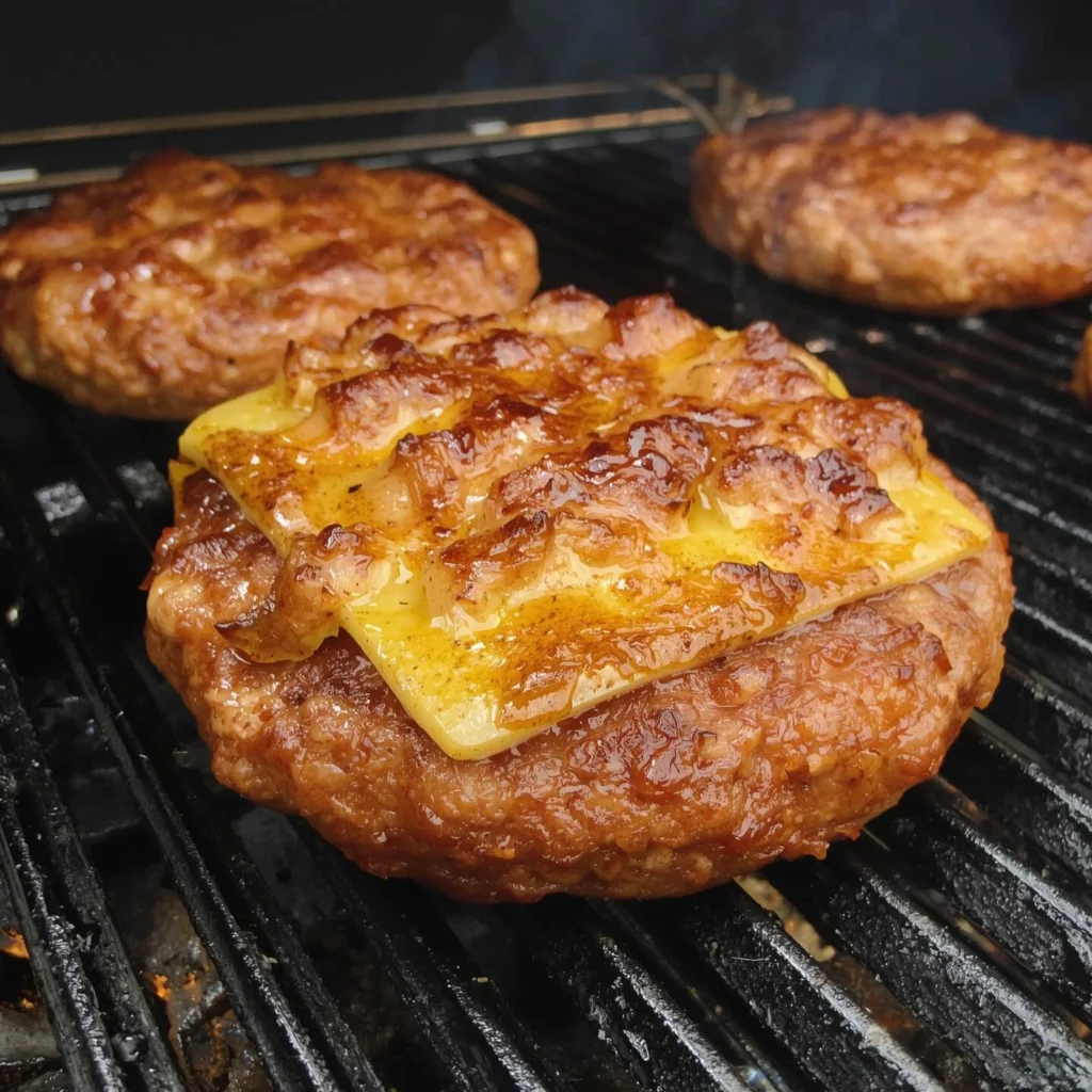 Grilled hamburger patties with melted cheese on top, cooking on a BBQ grill