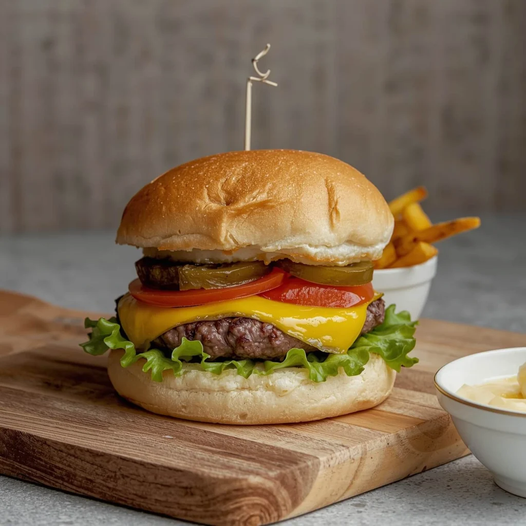 Delicious homemade hamburger with cheese, pickles, tomato, lettuce, and ketchup served with fries