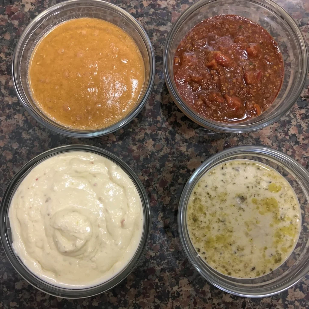 Four different sauces in bowls: mustard sauce, chili, creamy white sauce, and pesto sauce