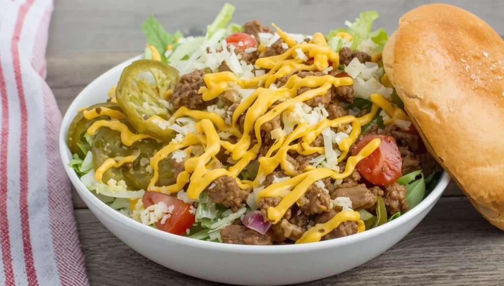 Keto Big Mac Salad Recipe with Ground Beef and Cheese