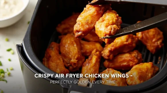 Golden crispy air fryer chicken wings in a basket, freshly cooked