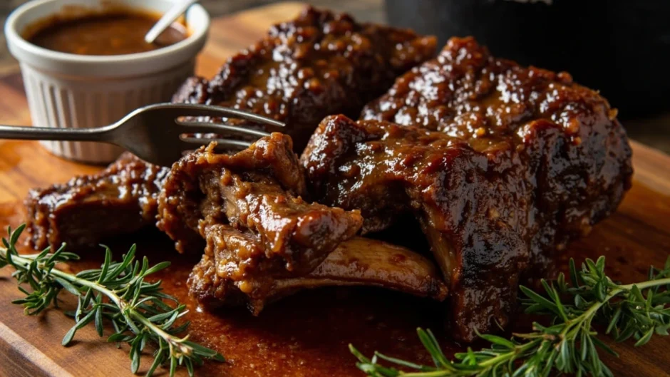 Oven-cooked beef short ribs recipe oven on rustic plate with braising sauce, tender and fall-off-the-bone, garnished with fresh thyme and parsley