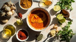 Ingredients for Peruvian chicken recipe including aji amarillo, garlic, cumin, smoked paprika, oregano, and olive oil