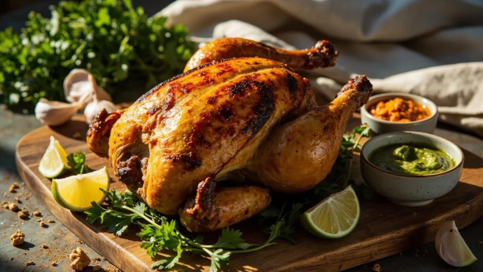 Juicy Peruvian chicken with crispy golden skin served with aji verde, cilantro, and lime wedges – best Peruvian chicken recipe